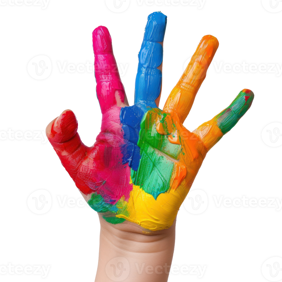 a child's hand painted with colorful paint png
