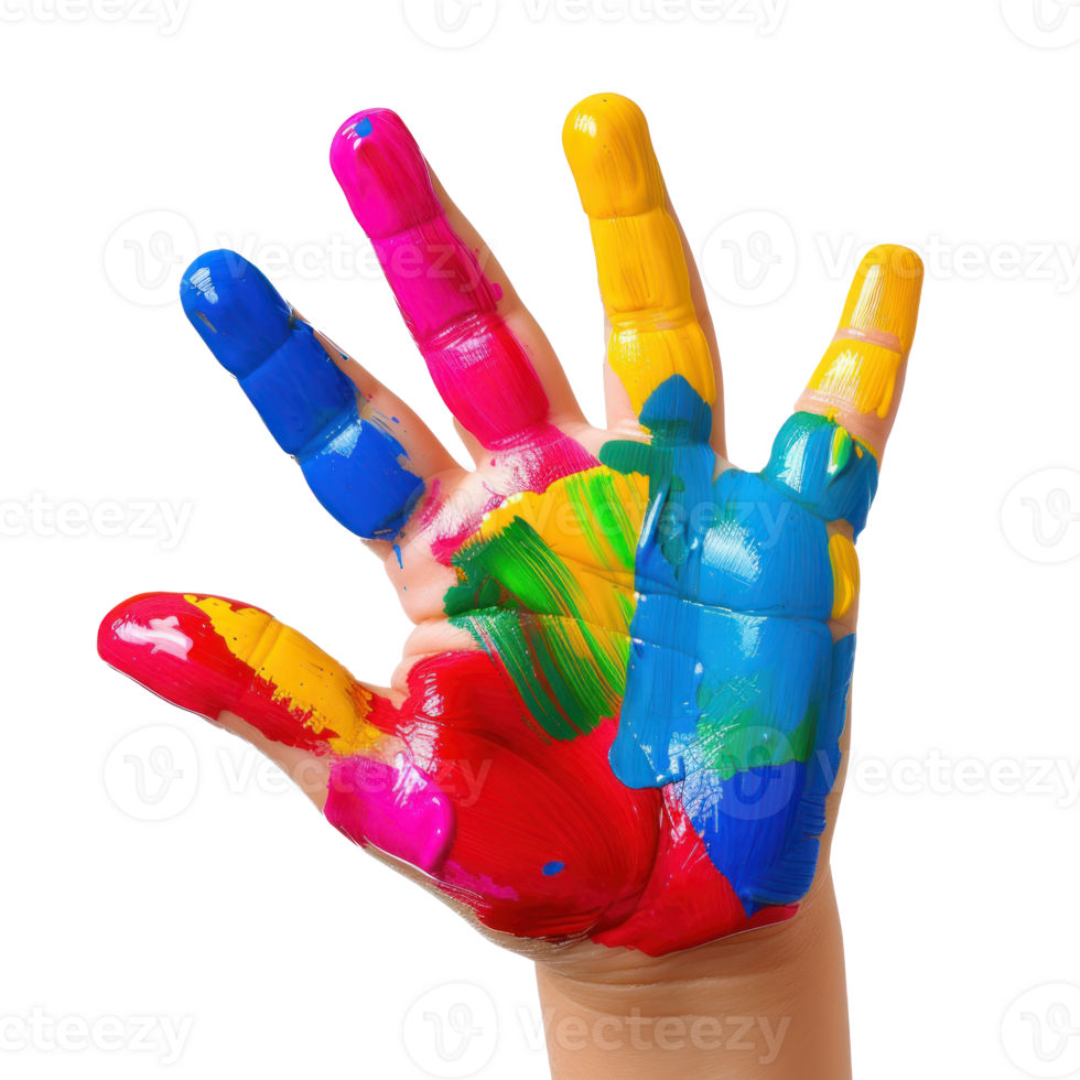 a child's hand painted with colorful paint png