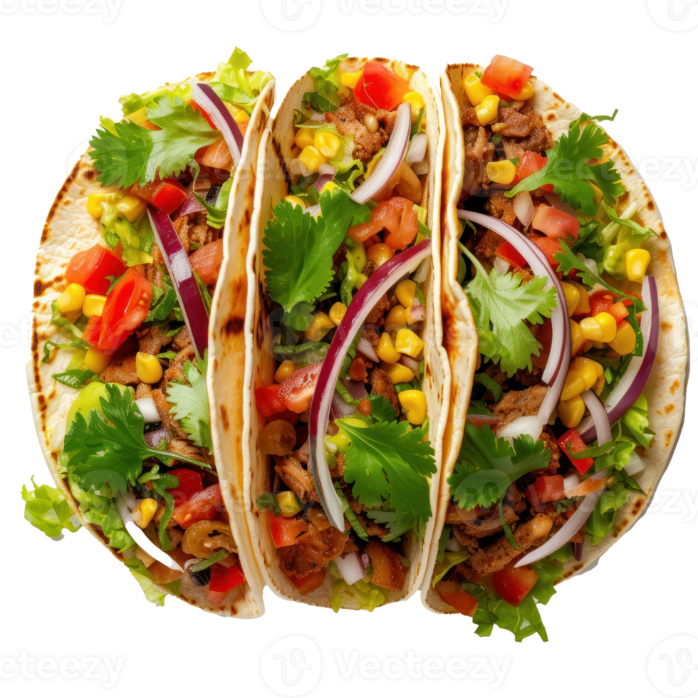 three tacos with vegetables and meat on aon transparent background white background png
