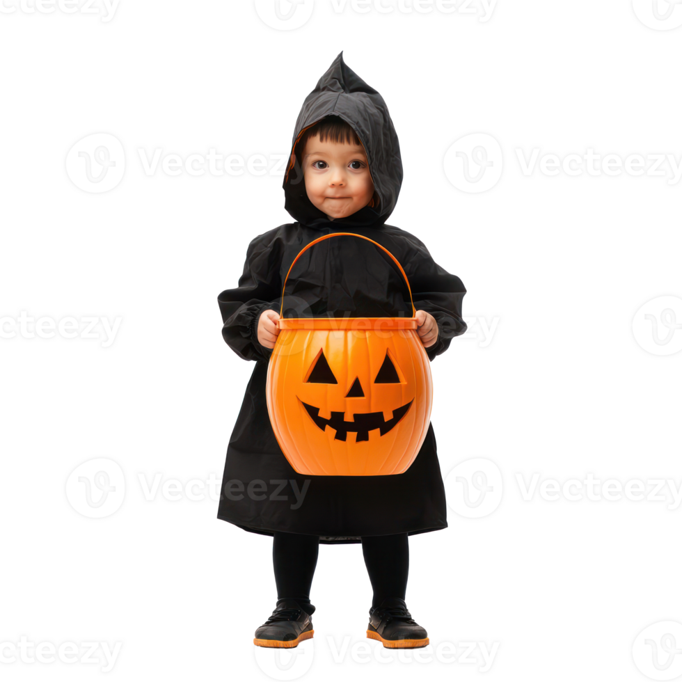 a little boy dressed in a halloween costume holding a pumpkin bucket png