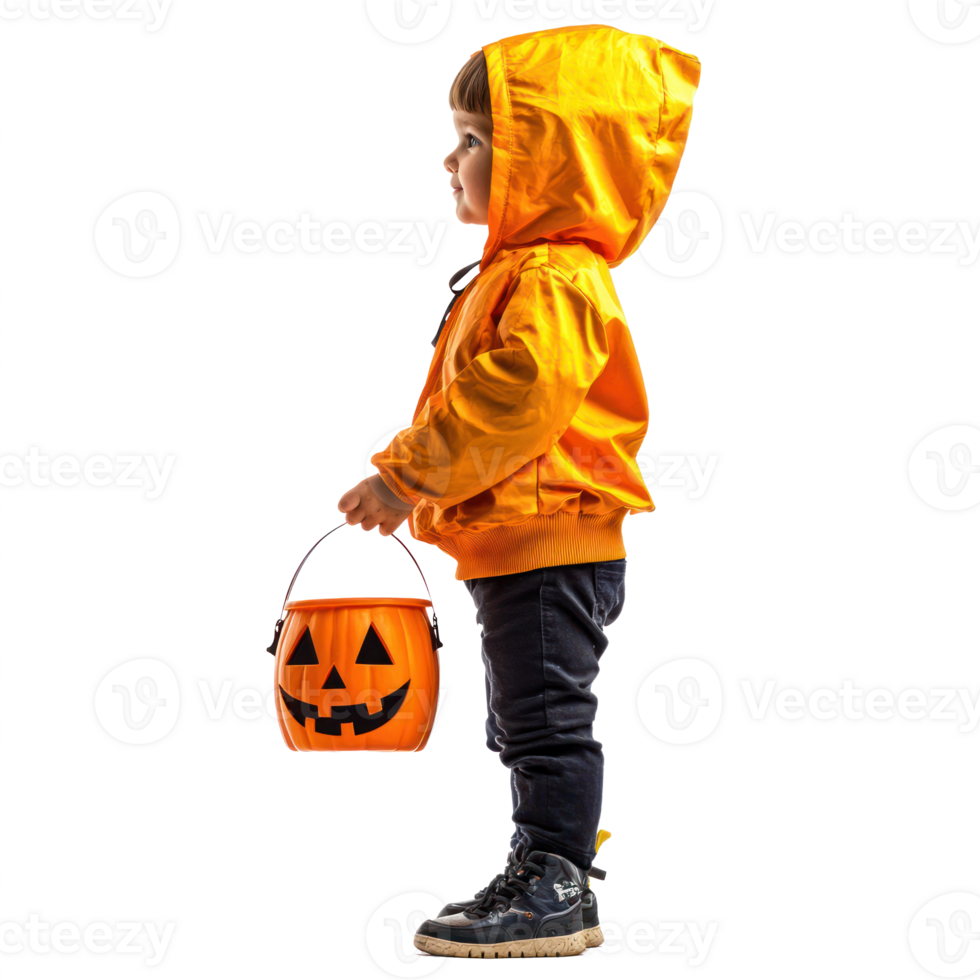 a little boy in a halloween costume holding a bucket png