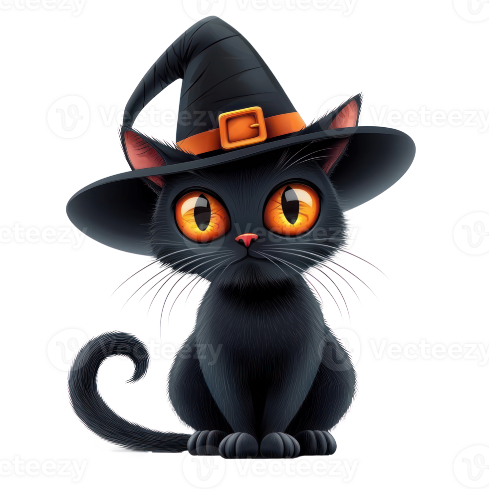 black cat in witch hat on transparent background png
