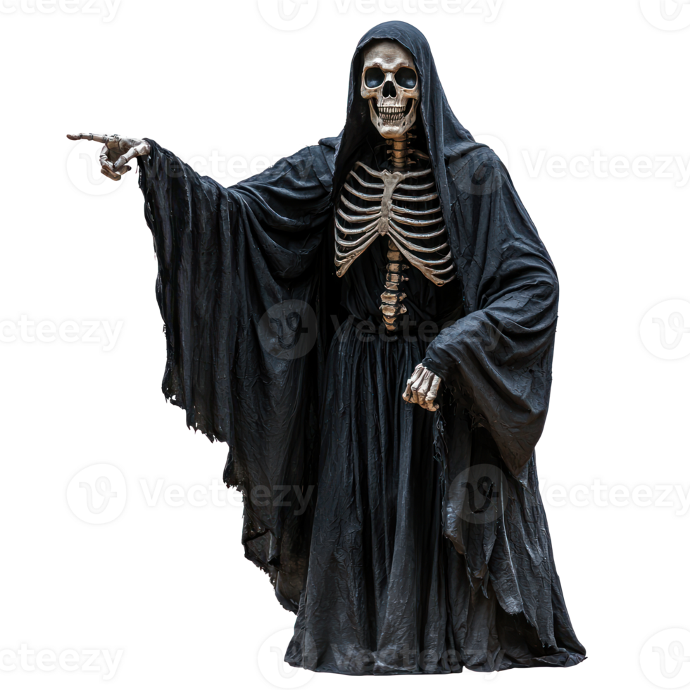 a skeleton in a black robe pointing at something png