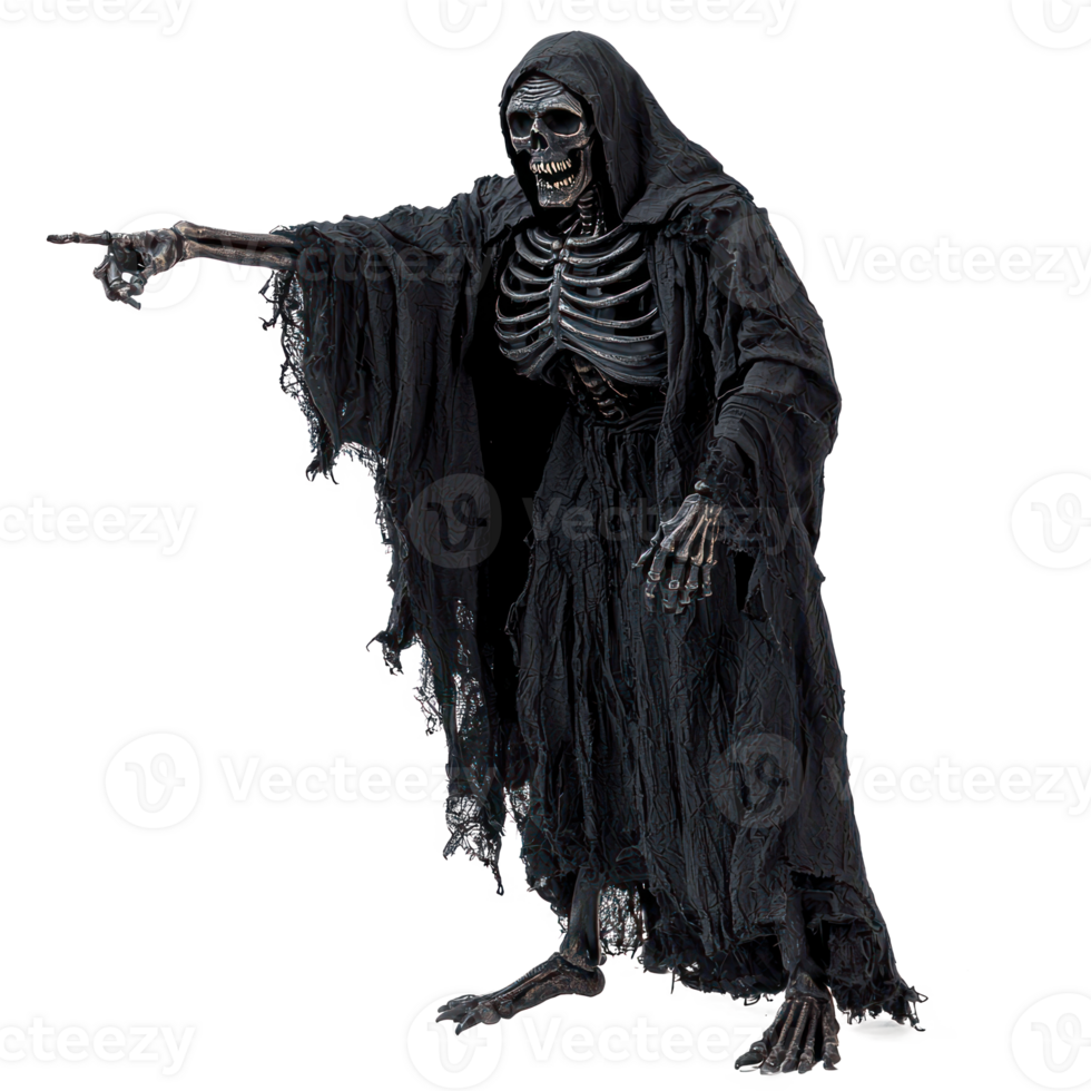 a skeleton in a black robe with a hood png