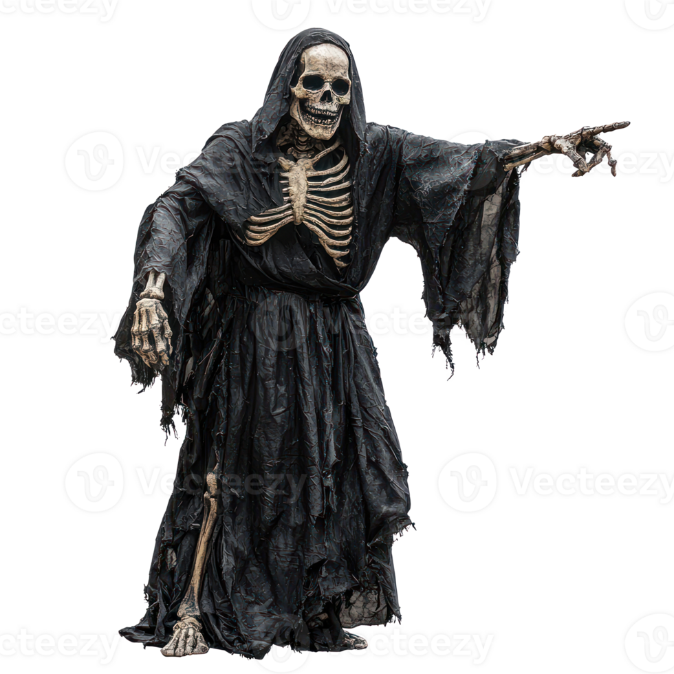 a skeleton in a black robe with a scythe png