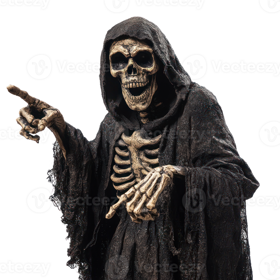a skeleton in a hooded robe with a pointed finger png