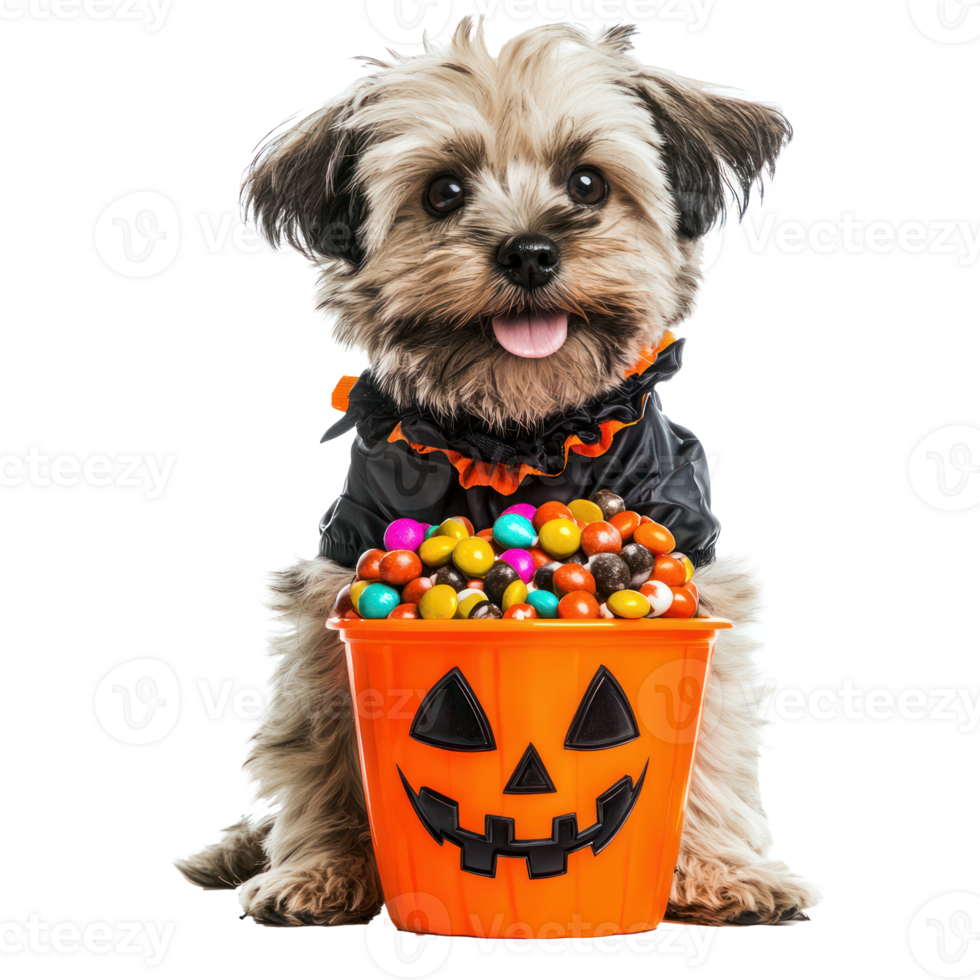 dog with halloween candy bucket on transparent background png
