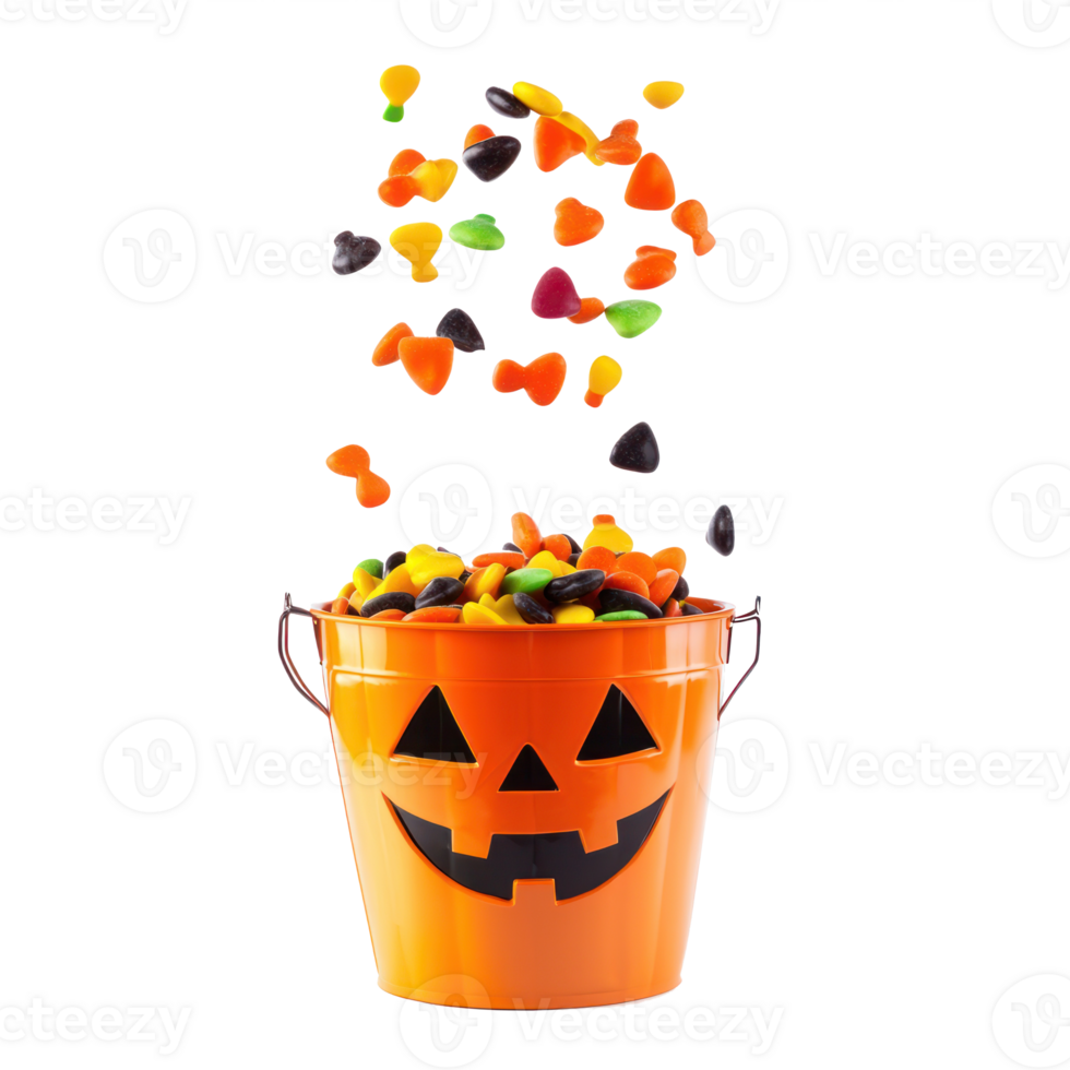 halloween bucket with candy and pumpkin on transparent background png