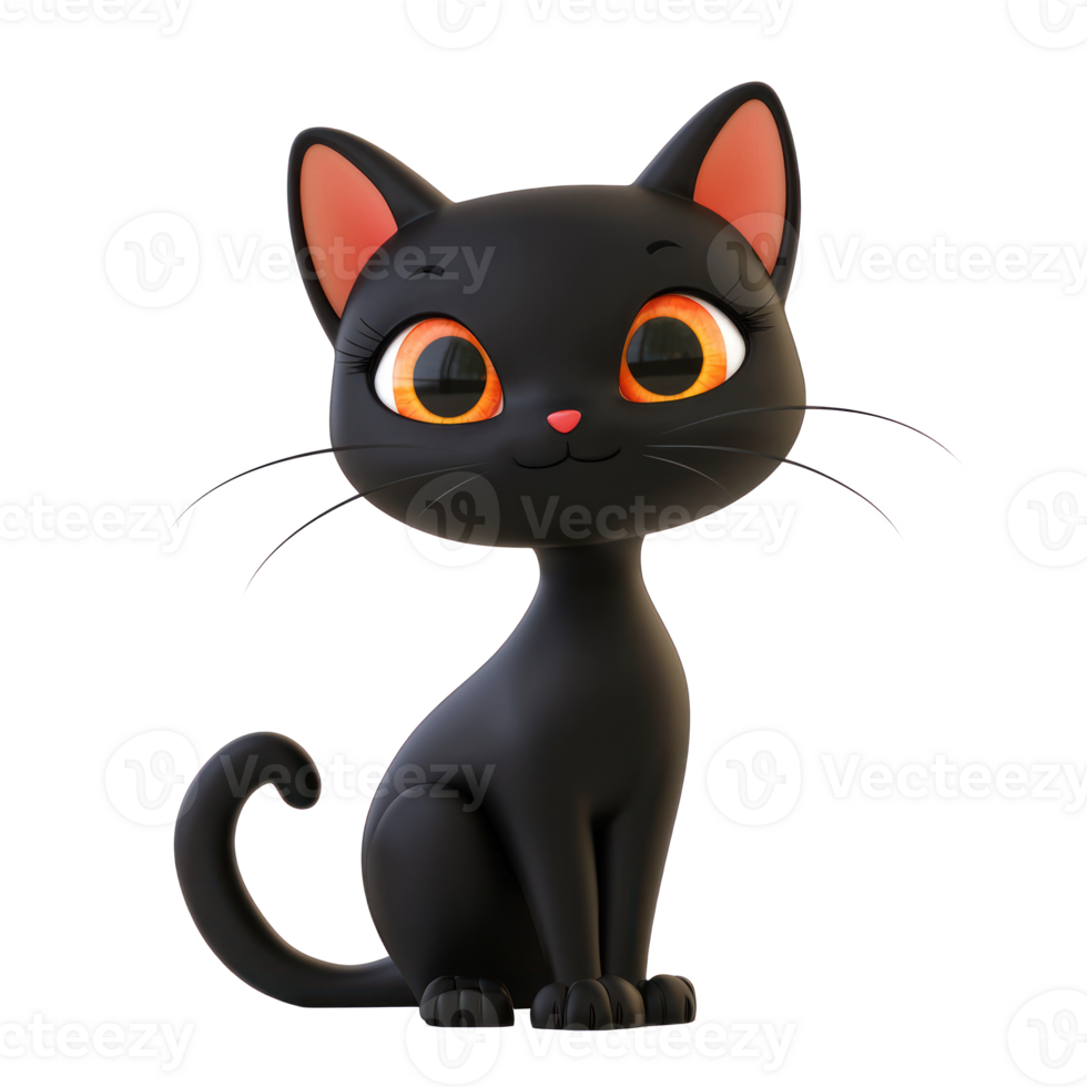 cartoon black cat with orange eyes on transparent background png