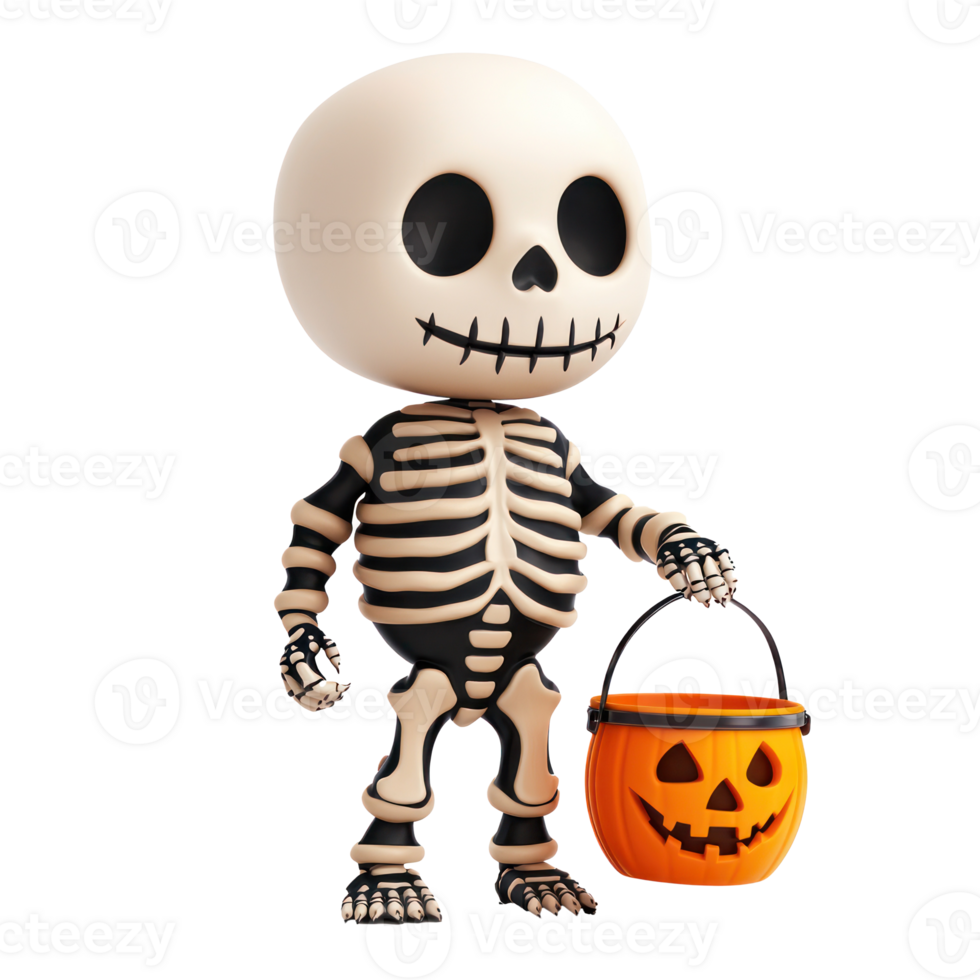 halloween skeleton with pumpkin bucket isolate on transparency background png