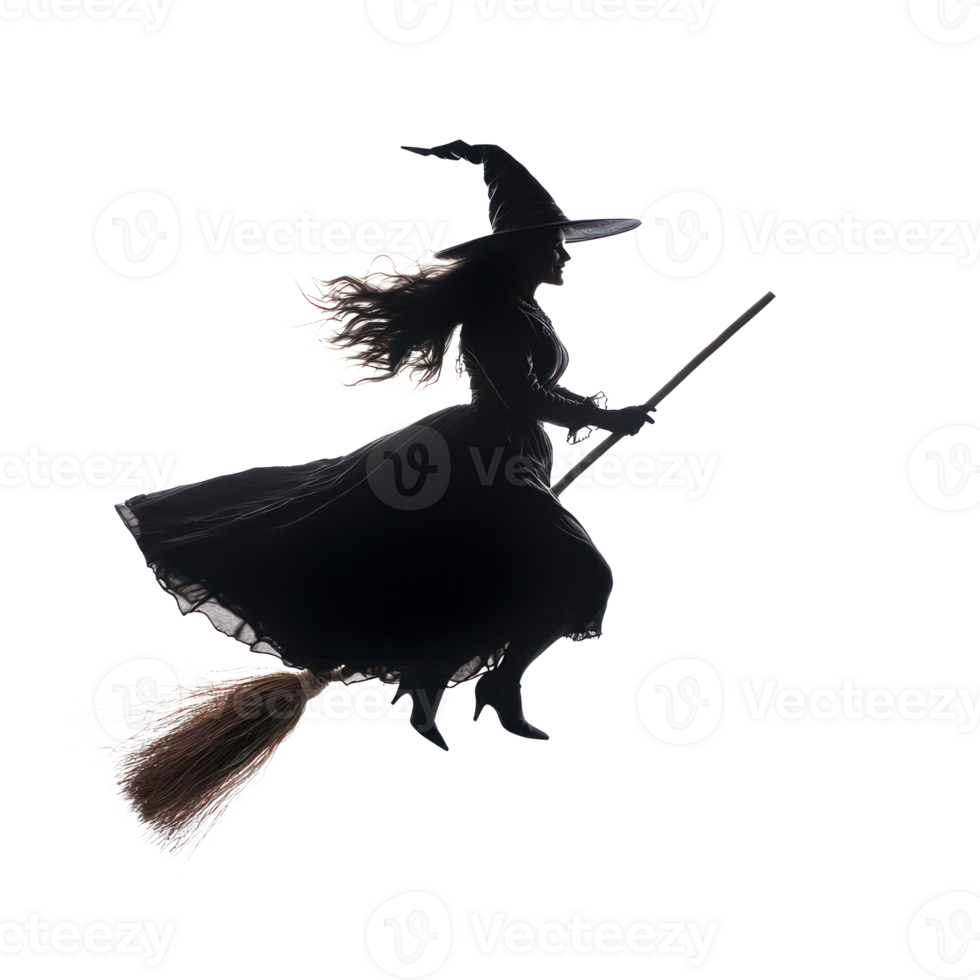 silhouette of a witch flying on a broom on a transparent background png