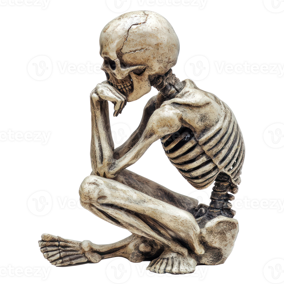 a skeleton sitting on the ground with his head down png