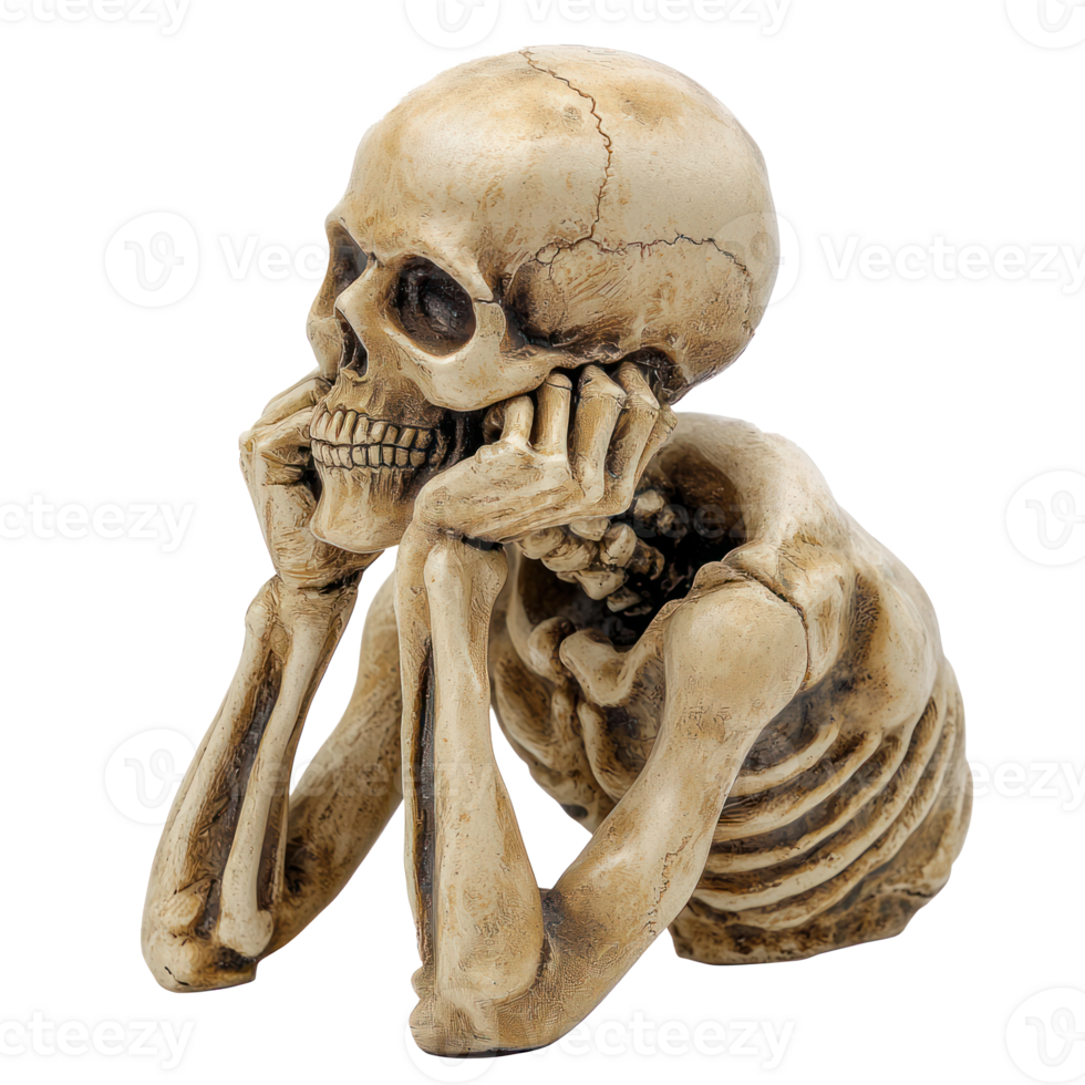 a skeleton sitting on a table with his hands on his chin png