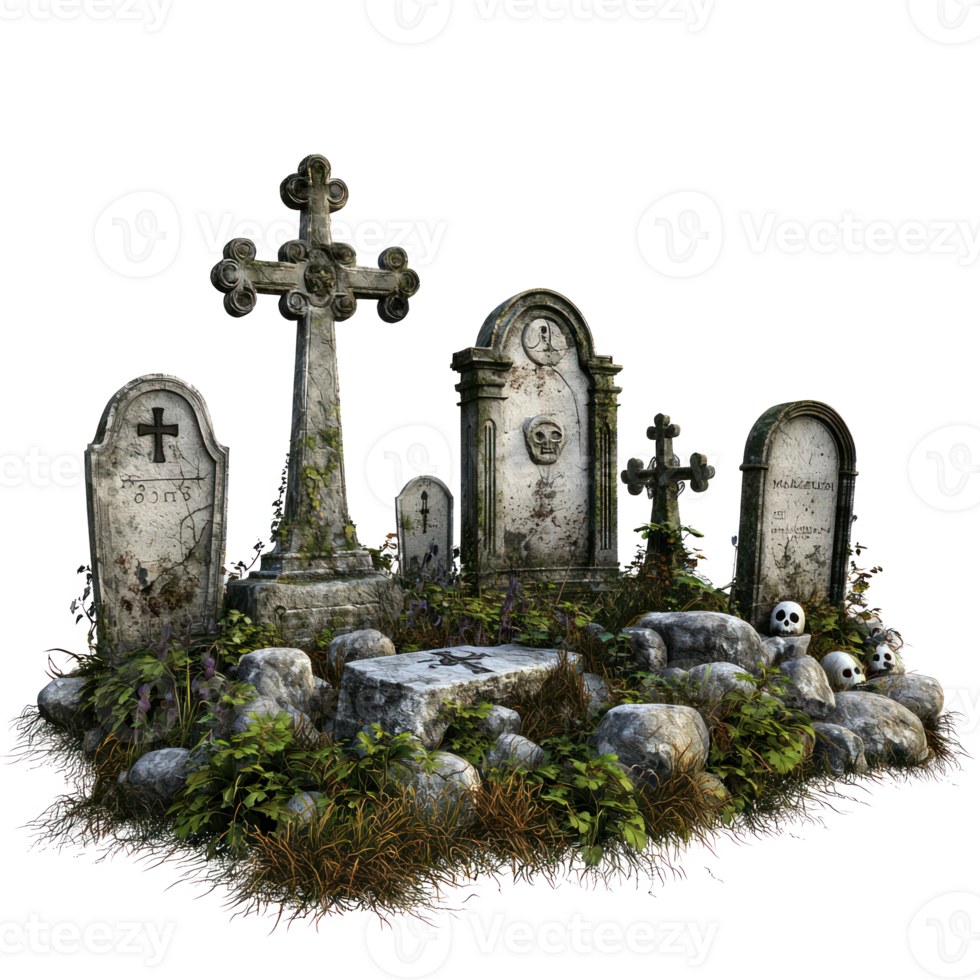 3d rendering of a graveyard with tombstones and crosses png