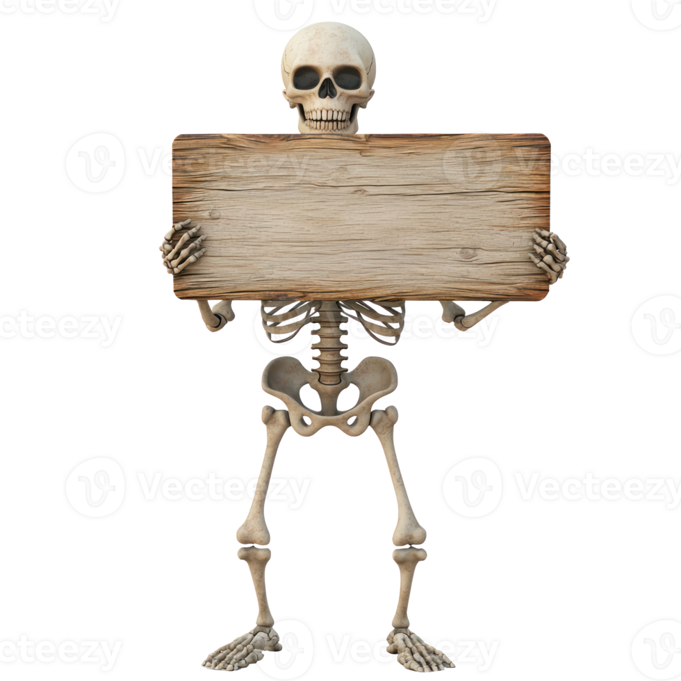 skeleton holding a wooden sign on a transparent background png