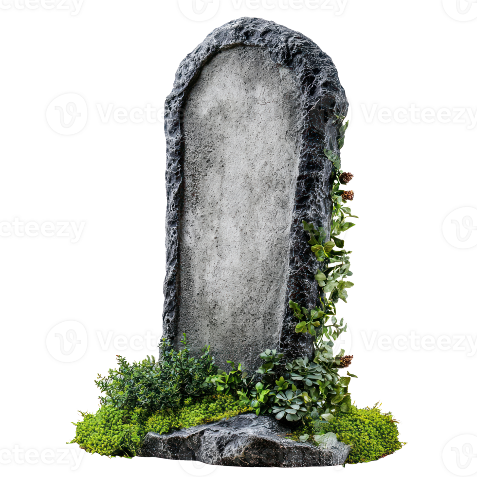 a grave stone with moss and plants on it png