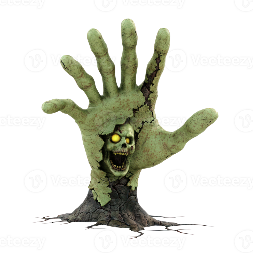 a hand with a zombie face on it, with a tree in the background png