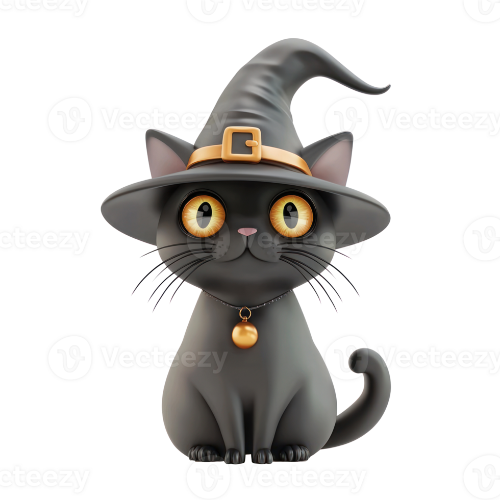 black cat in witch hat on transparent background png