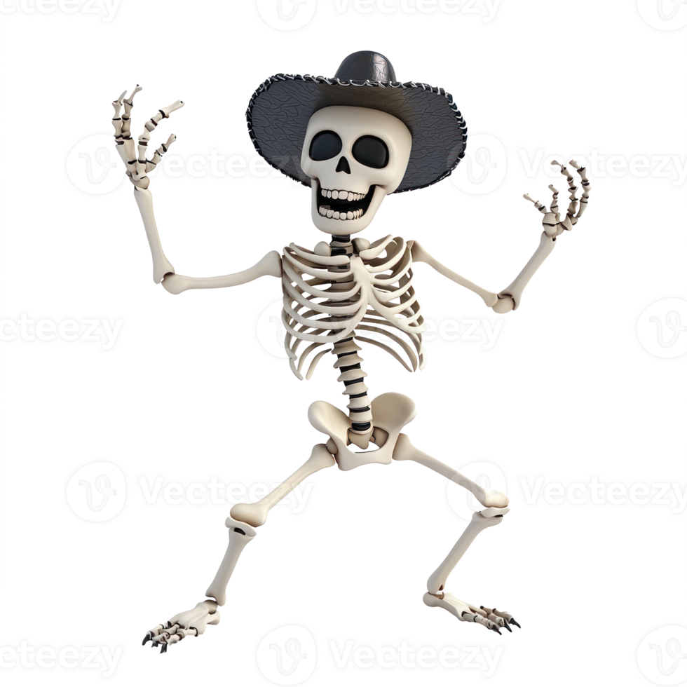 Skeleton dancing, halloween, 3D, cartoon front view isolate on transparency background png