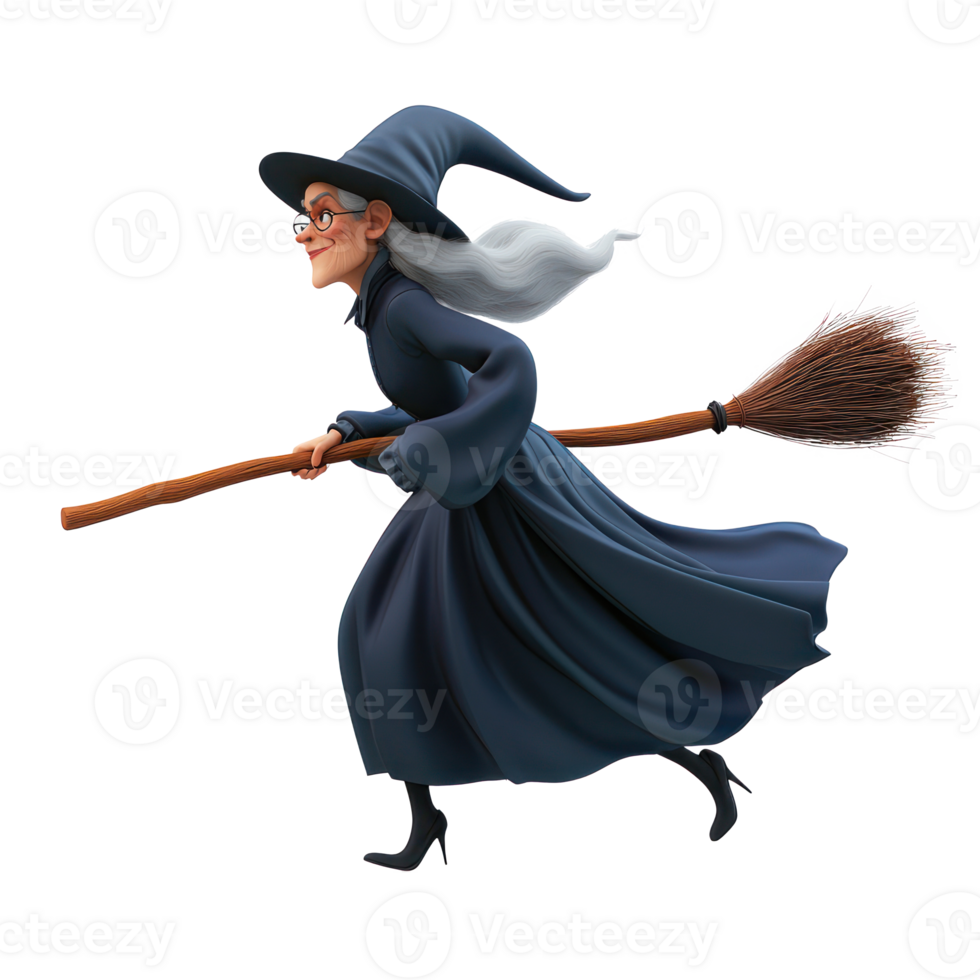 cartoon witch with broom on transparent background png