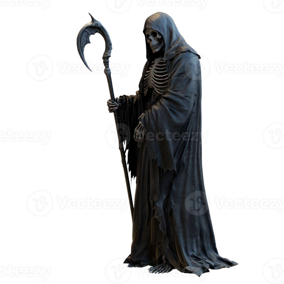 a black grim reaper with a scythe on a transparent background png