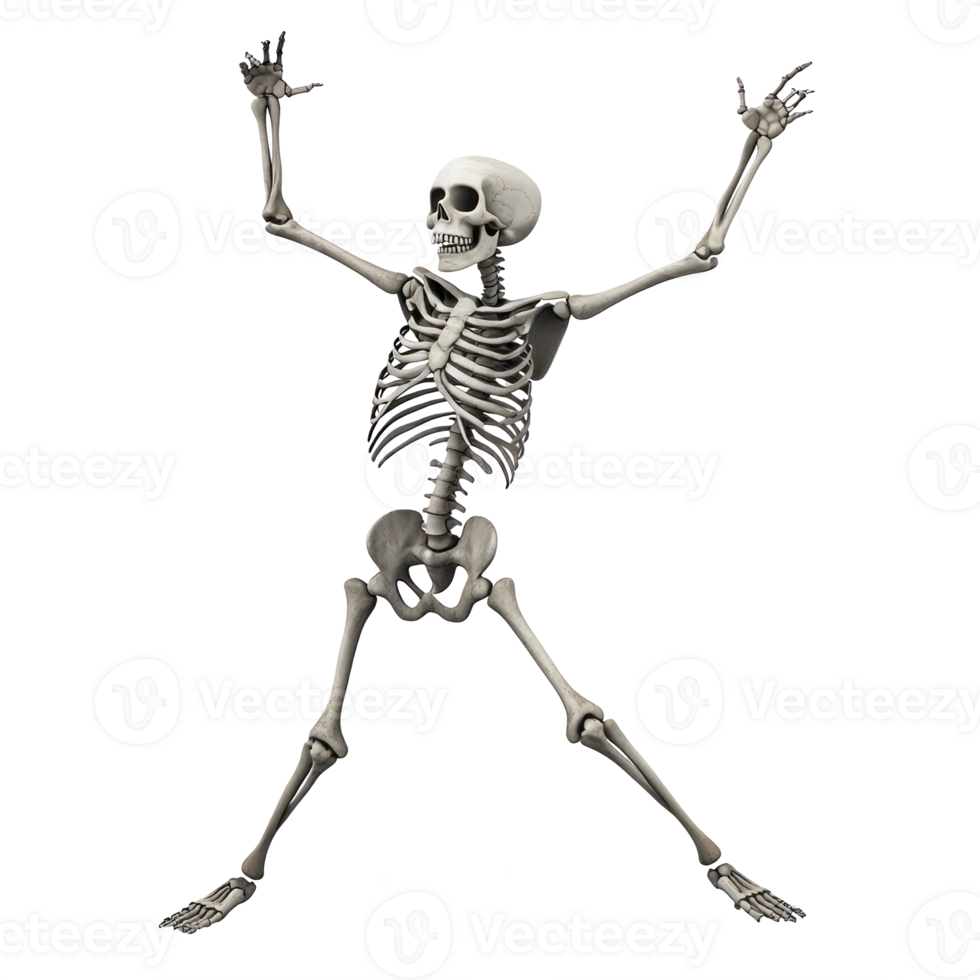 a skeleton is standing on one leg and holding up his arms png