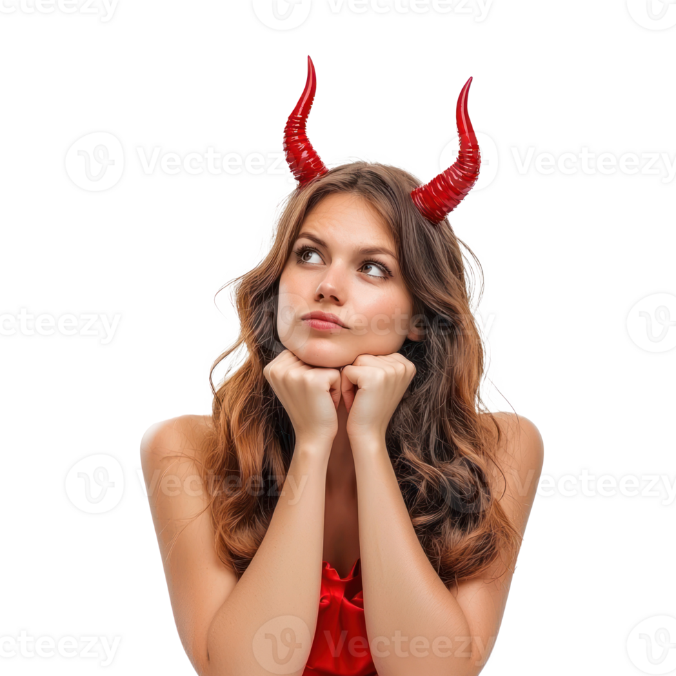 a woman in a red dress with horns on her head png