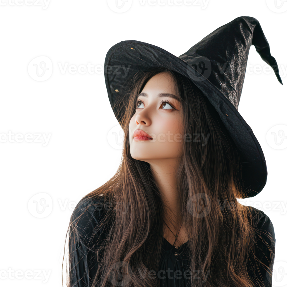beautiful young woman in witch hat looking up png