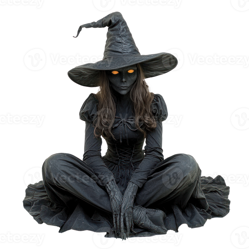 a witch sitting on the ground with her eyes glowing png