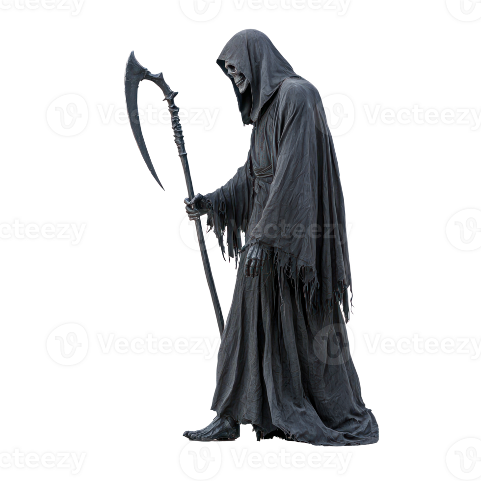 a grim reaper statue with a scythe on a transparent background png