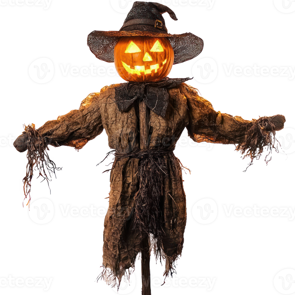 halloween pumpkin scarecrow on a stick with a hat png