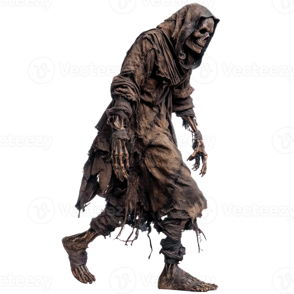 a grimy skeleton walking in the woods png
