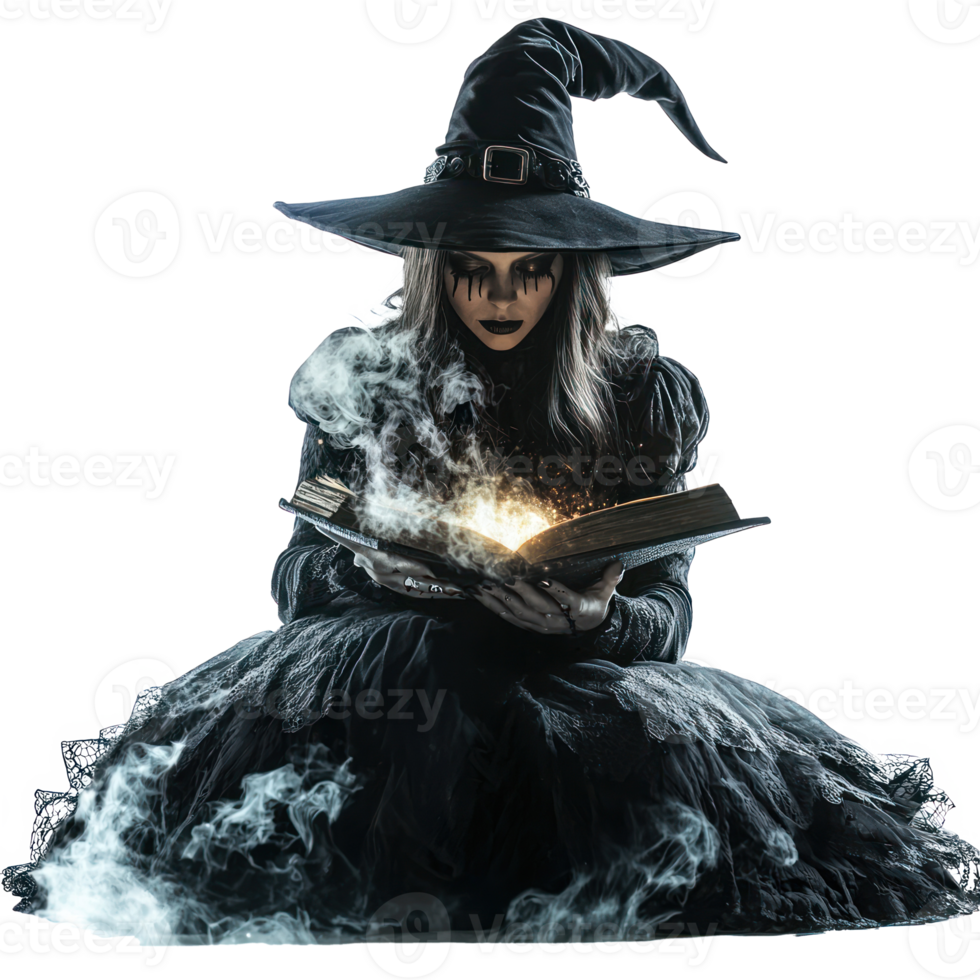 a witch reading a book on a table with smoke coming out of her hat png