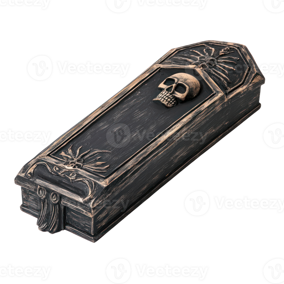 a black and gold coffin with a skull on it png