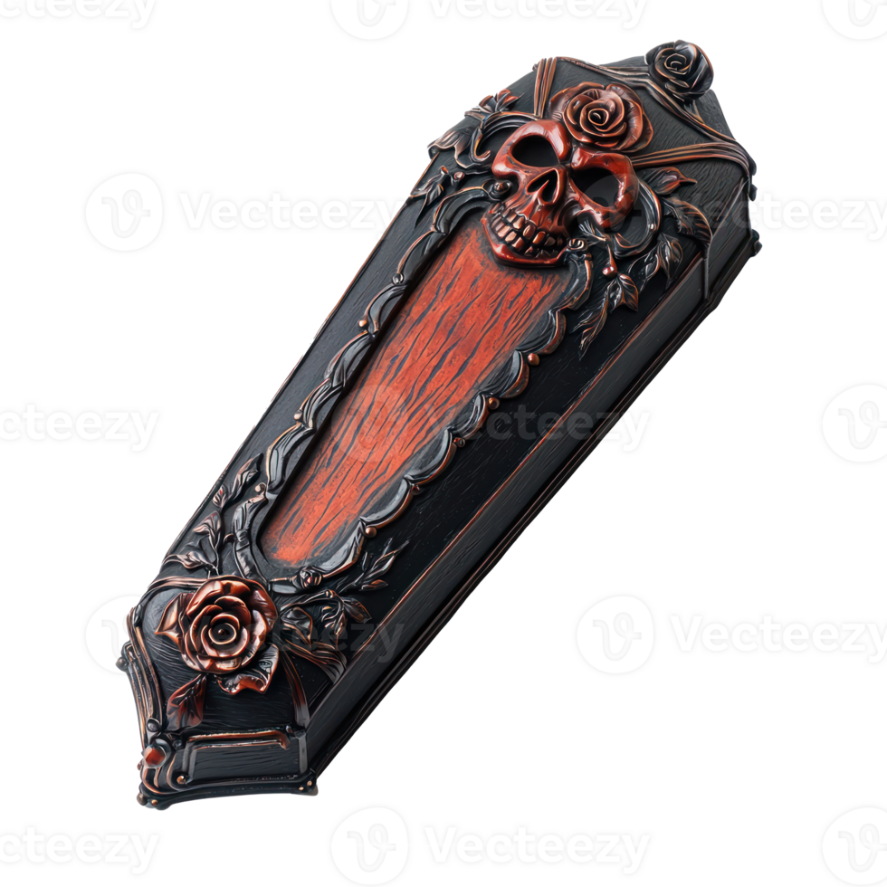a skull and rose on a black and red coffin png