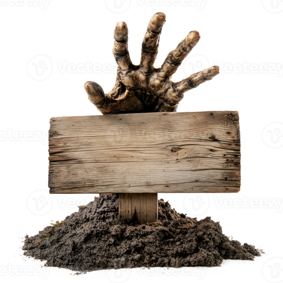 Zombie hand with wooden signboard isolate on transparency background png