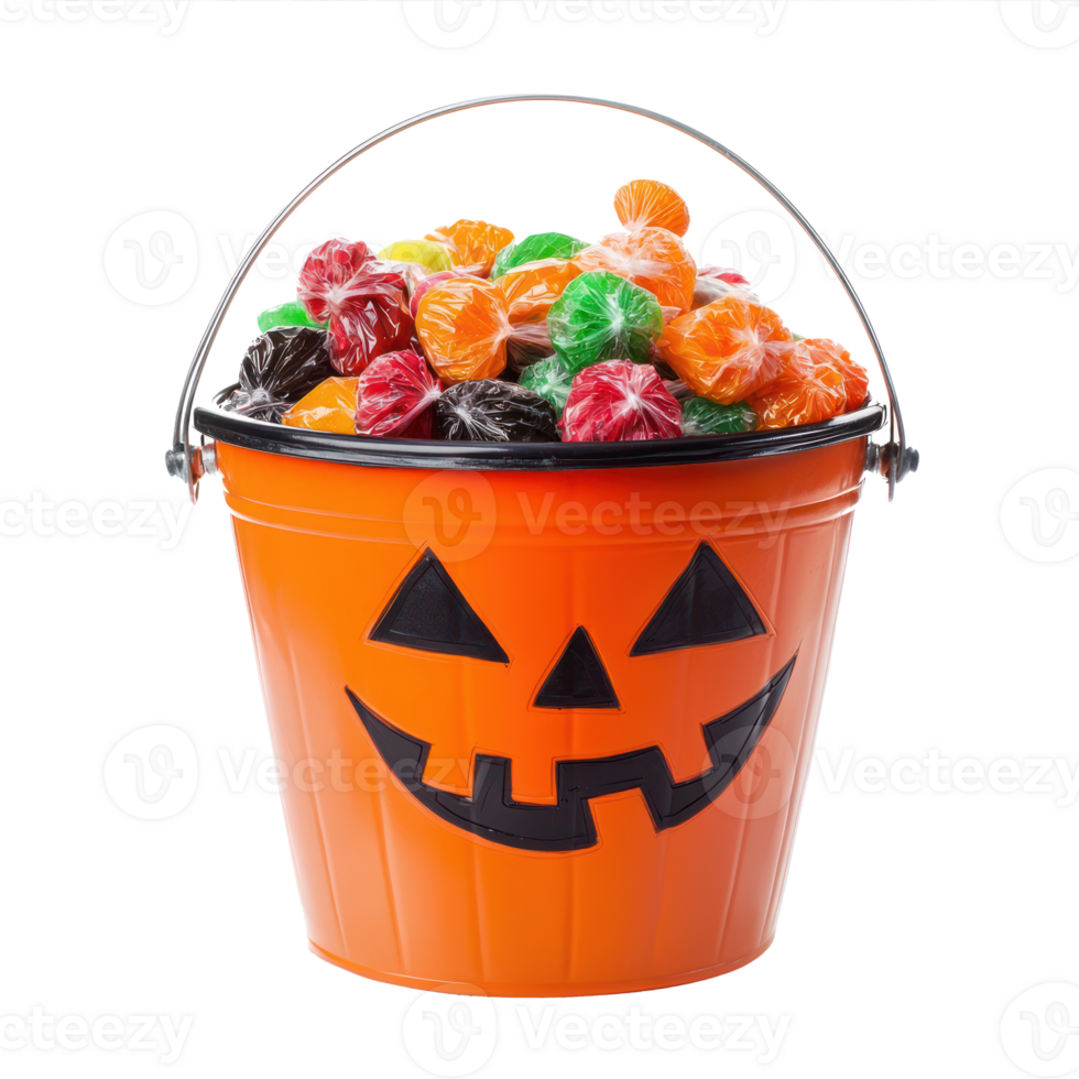 Jack o lantern bucket filled with candies isolate on transparency background png