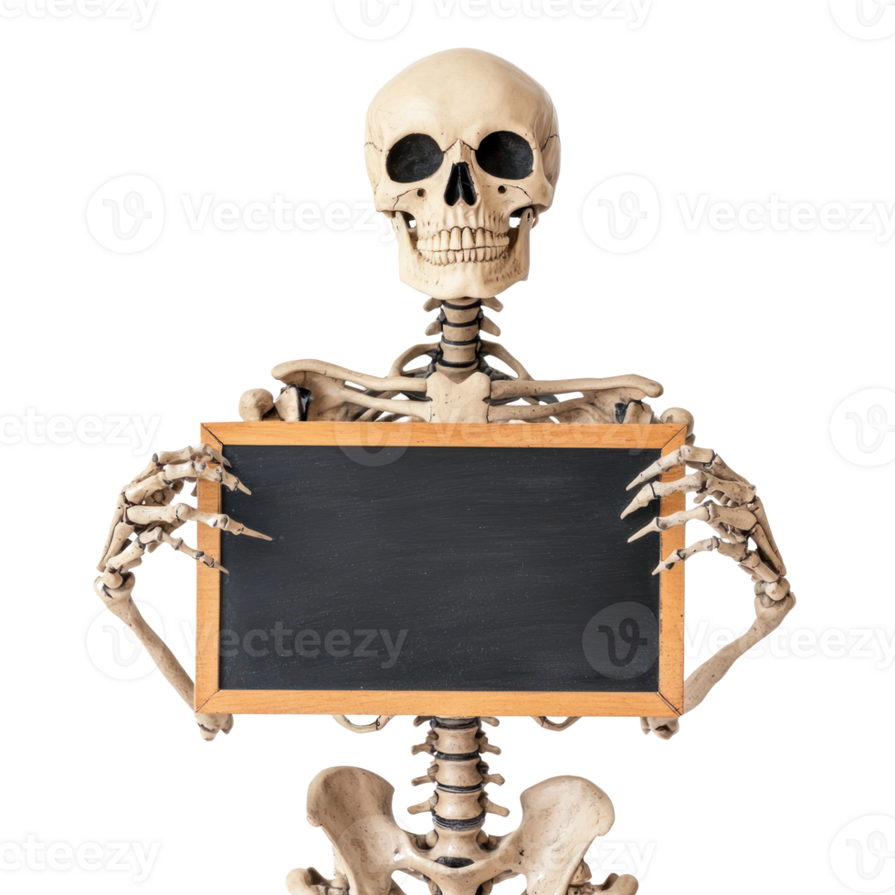 Skeleton holding sign board isolate on transparency background png