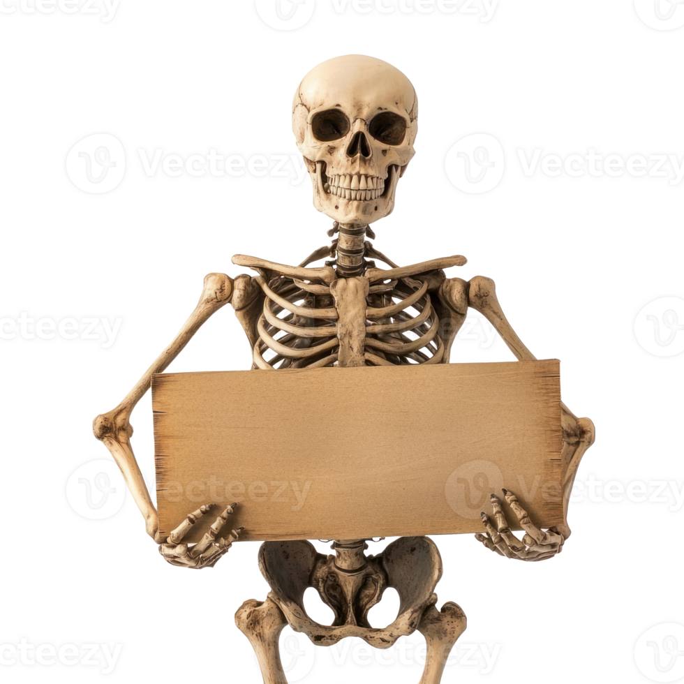 skeleton holding a blank sign on a transparent background png
