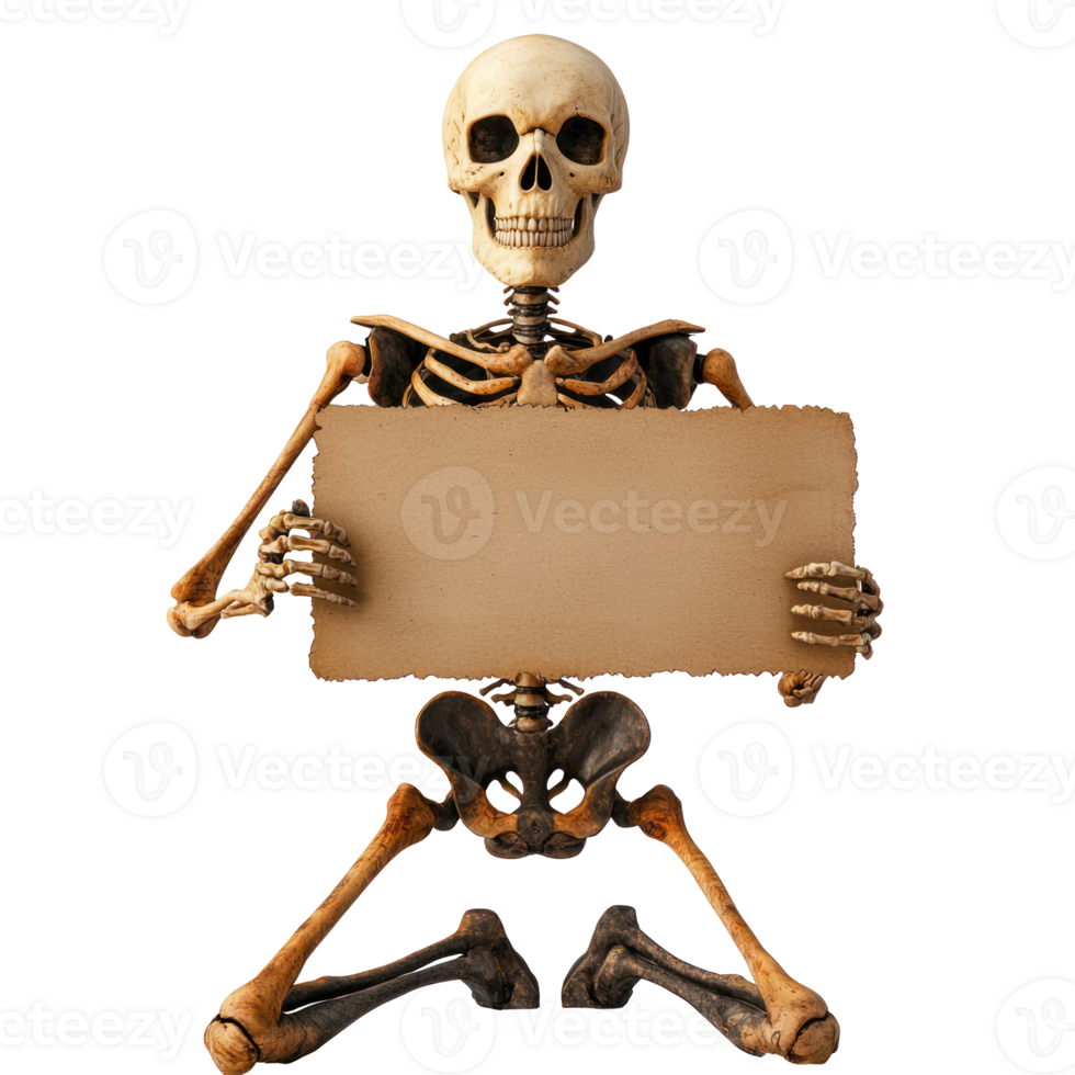 skeleton holding a blank sign on a transparent background png