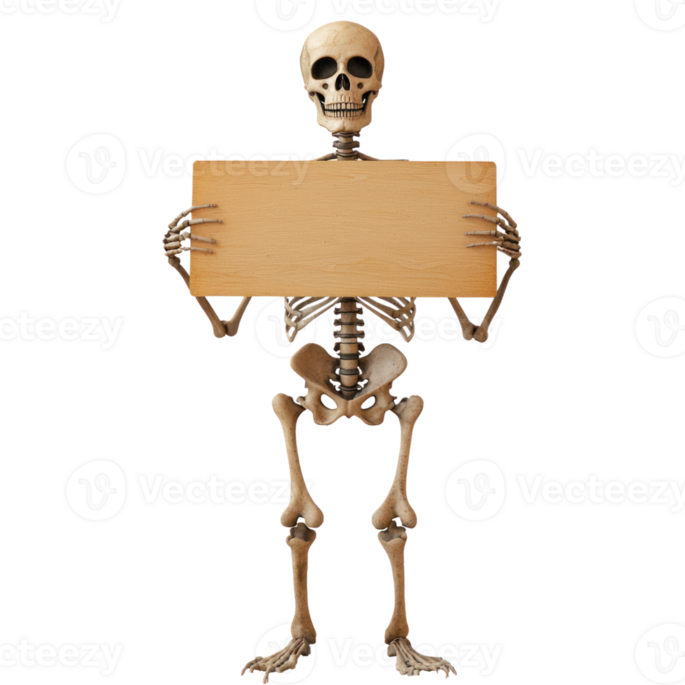 skeleton holding a wooden sign on a transparent background png
