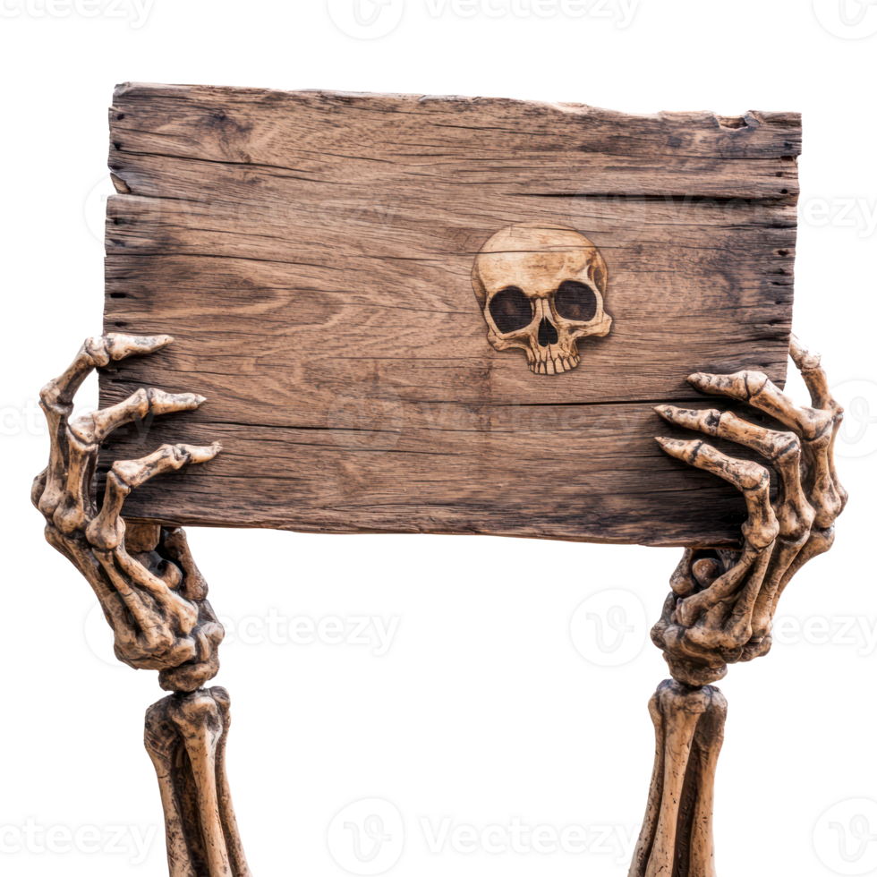 a skeleton holding a wooden sign with a skull on it png