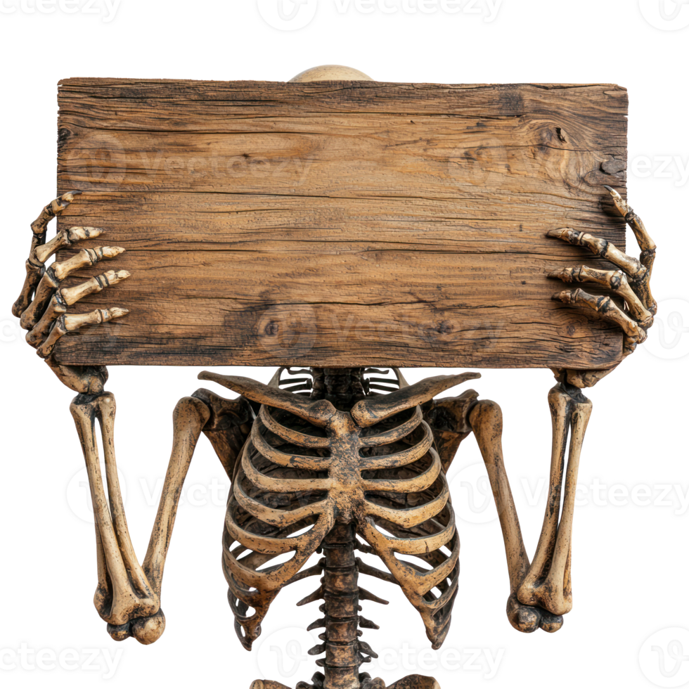 a skeleton holding a wooden sign isolate on transparency background png