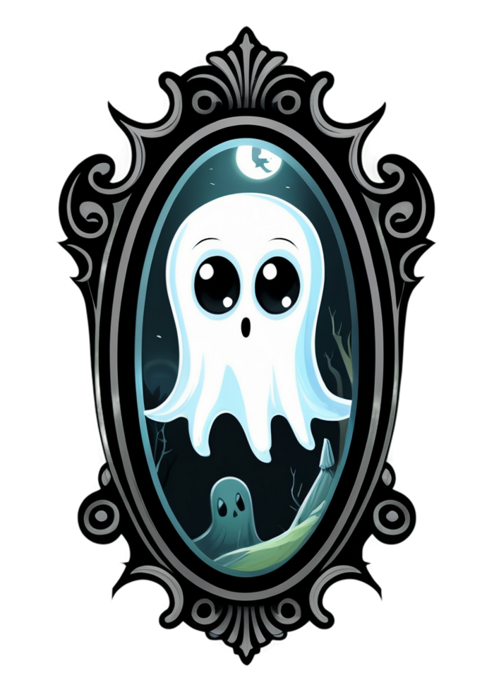 Halloween Styled Haunted Mirror With Ghostly Reflections Clipart Appropriate For Apparel, Accessories, Bumper Sticker, Art Print, Throw Pillow png