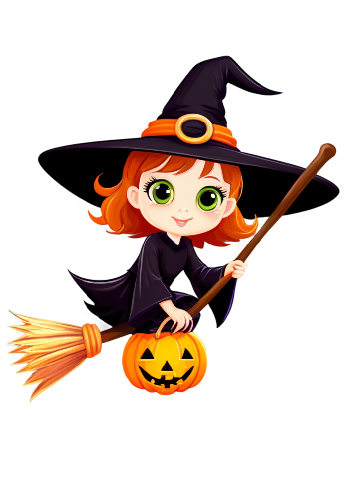 Halloween Based Cute Witch On A Broomstick Composition Best For Tee, Kids Babies Clothes, Laptop Sticker, Wall Art, Acrylic Block png