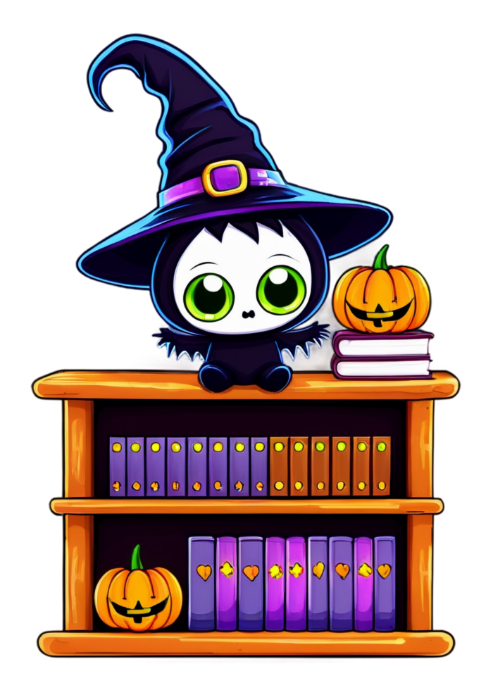 Halloween Styled Spooky Bookshelf With Magic Items Graphic Element Perfect For Apparel, Accessories, Anime Sticker, Metal Print, Bath Mat png