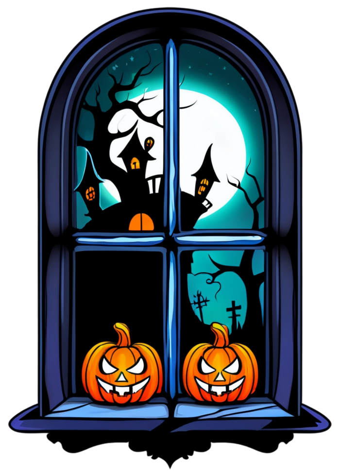 Halloween Designed Spooky Window With Shadows Graphic Suitable For Garment, Skirts, Bumper Sticker, Tapestries, Coaster png