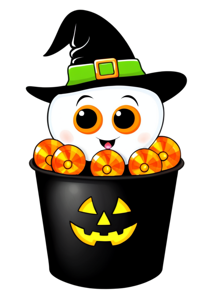 Halloween Illustrated Trick or treat Candy Bucket Illustration Great For Sweatshirt, Scarves, Cool Sticker, Wall Art, Acrylic Block png