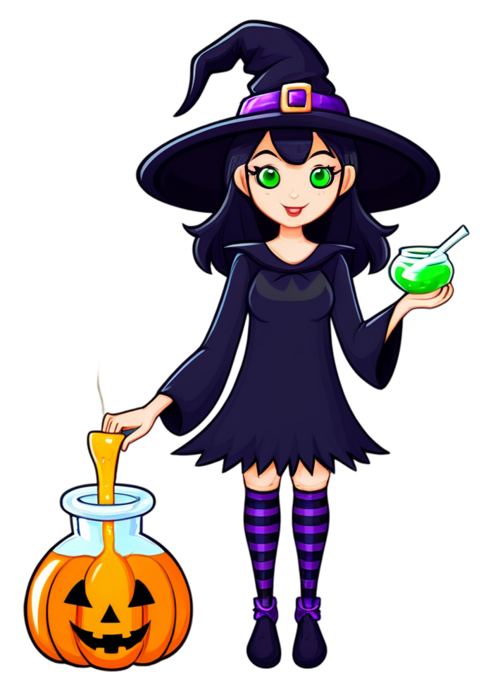 Halloween Styled Happy Witch Making Potions Clipart Optimized For Apparel, Accessories, Cool Sticker, Art Board Print, Mug png