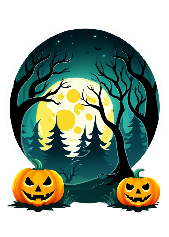 Halloween Influenced Scary Forest With A Full Moon Illustration Optimized For Hoodie, Tank Tops, Cool Sticker, Canvas Print, Bedding png